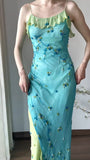 Ndyad Spaghetti Strap Chiffon Sheath Ruffle Beaded Blue and Green Spliced Ball Dress Party Birthday Dress HZ1024