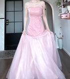 Ndyad Pink Strapless A-Line Tulle Sequined Long Ball Dress Birthday Evening Dress HZ1024
