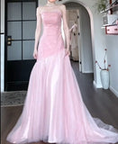 Ndyad Pink Strapless A-Line Tulle Sequined Long Ball Dress Birthday Evening Dress HZ1024