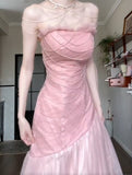 Ndyad Pink Strapless A-Line Tulle Sequined Long Ball Dress Birthday Evening Dress HZ1024