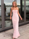 Ndyad Mermaid Spaghetti Straps Floor Length Sleeveless Pink Prom Dress HZ1024