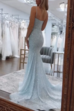 Ndyad Spaghetti Straps Long Mermaid Sequins Party Prom Dress HZ1024