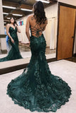 Ndyad Green Mermaid Spaghetti Straps Tulle Sequins Long Prom Dress With Appliques Evening Gown HZ1024