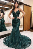 Ndyad Green Mermaid Spaghetti Straps Tulle Sequins Long Prom Dress With Appliques Evening Gown HZ1024