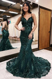Ndyad Green Mermaid Spaghetti Straps Tulle Sequins Long Prom Dress With Appliques Evening Gown HZ1024