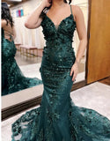 Ndyad Green Mermaid Spaghetti Straps Tulle Sequins Long Prom Dress With Appliques Evening Gown HZ1024