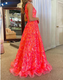 Evafashion A-Line One Shoulder Sequin Lace Long Prom Dresses Floor Length Sparkly Evening Dress HZ1024