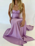 Ndyad Lilac Dresses Gowns Evening Dresses Spaghetti Straps Long Prom Dress Satin Formal Party Dress HZ1024