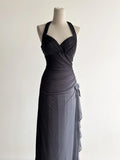 Ndyad Gradient Dark Gray Halter Neck Ruffle Sheath Prom Dress Birthday Dress HZ1024