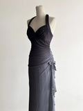 Ndyad Gradient Dark Gray Halter Neck Ruffle Sheath Prom Dress Birthday Dress HZ1024