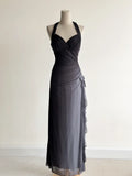 Ndyad Gradient Dark Gray Halter Neck Ruffle Sheath Prom Dress Birthday Dress HZ1024