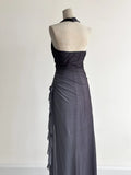 Ndyad Gradient Dark Gray Halter Neck Ruffle Sheath Prom Dress Birthday Dress HZ1024