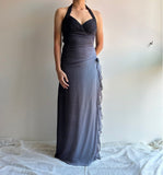 Ndyad Gradient Dark Gray Halter Neck Ruffle Sheath Prom Dress Birthday Dress HZ1024