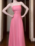 Ndyad Pink A-Line Chiffon Spaghetti Strap Backless Long Prom Dress Party Dress HZ1024
