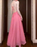 Ndyad Pink A-Line Chiffon Spaghetti Strap Backless Long Prom Dress Party Dress HZ1024