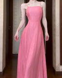 Ndyad Pink A-Line Chiffon Spaghetti Strap Backless Long Prom Dress Party Dress HZ1024