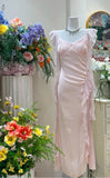 Ndyad Pink Ruffled Bodycon Dress Chiffon V-Neck Ball Dress Birthday Dress HZ1024