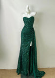 Ndyad Dark Green Sweetheart Neck Mermaid Long Prom Dress Sequin Strapless Formal Evening Dress HZ1024