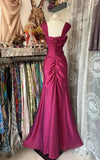 Ndyad Dark Pink Mermaid Pleated Satin Irregular Neckline Ball Dress Birthday Dress HZ1024