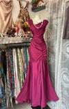 Ndyad Dark Pink Mermaid Pleated Satin Irregular Neckline Ball Dress Birthday Dress HZ1024