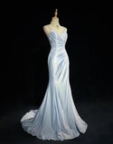 Ndyad Spaghetti Strap Mermaid Glitter Satin Long Prom Backless Applique Evening Gown Simple Wedding Dress HZ1024