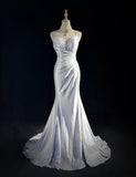 Ndyad Spaghetti Strap Mermaid Glitter Satin Long Prom Backless Applique Evening Gown Simple Wedding Dress HZ1024