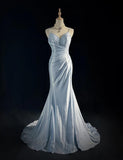 Ndyad Spaghetti Strap Mermaid Glitter Satin Long Prom Backless Applique Evening Gown Simple Wedding Dress HZ1024