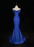 Ndyad Blue Elegant Mermaid Satin Spaghetti Strap Long Prom Dress Beaded Formal Evening Gown HZ1024