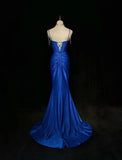Ndyad Blue Elegant Mermaid Satin Spaghetti Strap Long Prom Dress Beaded Formal Evening Gown HZ1024