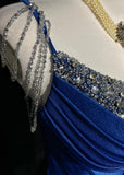 Ndyad Blue Elegant Mermaid Satin Spaghetti Strap Long Prom Dress Beaded Formal Evening Gown HZ1024