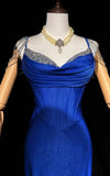 Ndyad Blue Elegant Mermaid Satin Spaghetti Strap Long Prom Dress Beaded Formal Evening Gown HZ1024