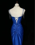 Ndyad Blue Elegant Mermaid Satin Spaghetti Strap Long Prom Dress Beaded Formal Evening Gown HZ1024