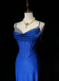 Ndyad Blue Elegant Mermaid Satin Spaghetti Strap Long Prom Dress Beaded Formal Evening Gown HZ1024