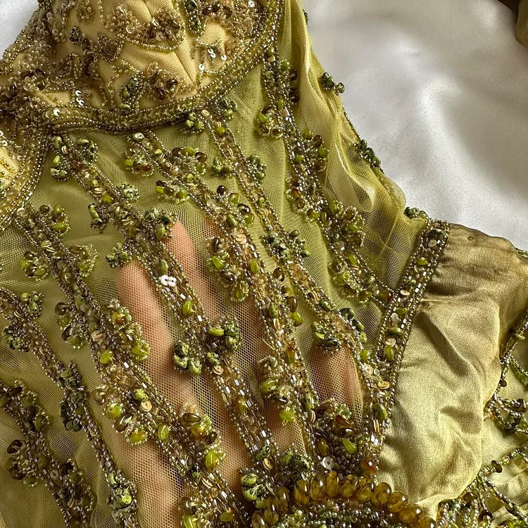 Ndyad Gold Spaghetti Strap Silk Sheath Prom Dresses Beaded Evening Gowns with Scarf HZ1024