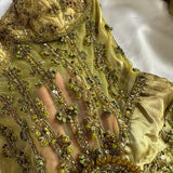 Ndyad Gold Spaghetti Strap Silk Sheath Prom Dresses Beaded Evening Gowns with Scarf HZ1024