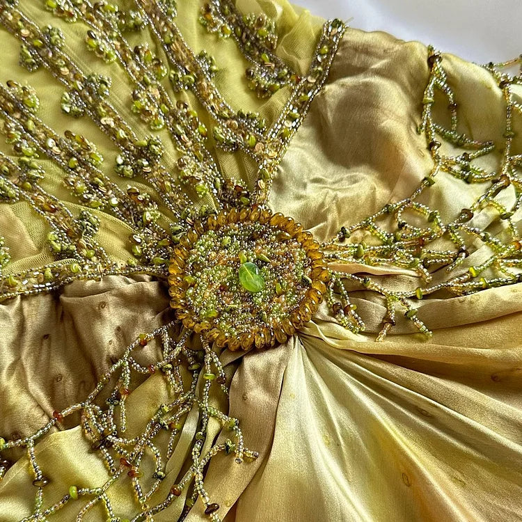 Ndyad Gold Spaghetti Strap Silk Sheath Prom Dresses Beaded Evening Gowns with Scarf HZ1024