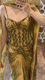 Ndyad Gold Spaghetti Strap Silk Sheath Prom Dresses Beaded Evening Gowns with Scarf HZ1024