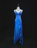 Ndyad Backless Beaded Satin Sheath Royal Blue Long Prom Dress Formal Evening Gown HZ1024