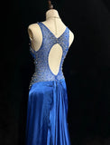 Ndyad Backless Beaded Satin Sheath Royal Blue Long Prom Dress Formal Evening Gown HZ1024