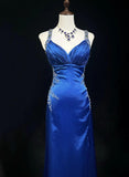 Ndyad Backless Beaded Satin Sheath Royal Blue Long Prom Dress Formal Evening Gown HZ1024
