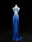 Ndyad Backless Beaded Satin Sheath Royal Blue Long Prom Dress Formal Evening Gown HZ1024