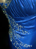 Ndyad Backless Beaded Satin Sheath Royal Blue Long Prom Dress Formal Evening Gown HZ1024