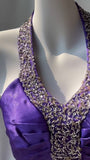 Ndyad Purple Halter Satin Sheath Beaded Sequins Backless Prom Dress Temperament Evening Dress HZ1024