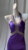 Ndyad Purple Halter Satin Sheath Beaded Sequins Backless Prom Dress Temperament Evening Dress HZ1024