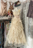 Ndyad Light Yellow A-Line Spaghetti Straps Tulle Layered Prom Dress Beaded Sequin Birthday Dress HZ1024