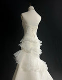 Ndyad White Strapless Mermaid Organza Long Prom Dress Simple Wedding Dress HZ1024