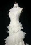 Ndyad White Strapless Mermaid Organza Long Prom Dress Simple Wedding Dress HZ1024