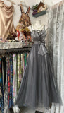 Ndyad Silver Grey A-Line Spaghetti Straps Tulle Satin Long Prom Dress Gorgeous Birthday Dress Evening Dress HZ1024