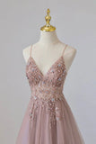 Ndyad Tulle Long A-Line Prom Dress, Pink Spaghetti Formal Dress with Beaded HZ1024
