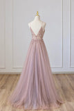 Ndyad Tulle Long A-Line Prom Dress, Pink Spaghetti Formal Dress with Beaded HZ1024